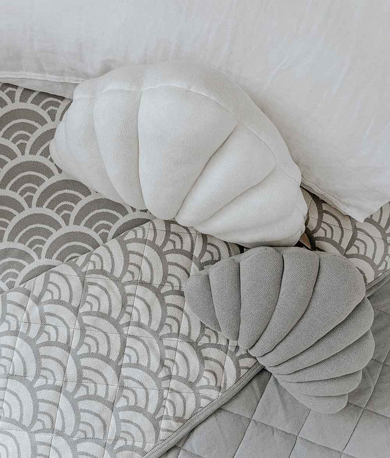 Two LARGE SHELL CUSHION - IVORY pillows with a grey and white pattern made of pure cotton by Bengali Collections.