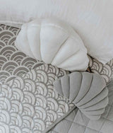 Two SMALL SHELL CUSHION - MIST / NOUGAT pillows with a grey and white pattern made from Oeko-tex® Certified Cotton by Bengali Collections.
