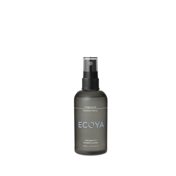 The Scandinavian-inspired bottle of Ecoya home fragrance sanitiser spray on a black background.