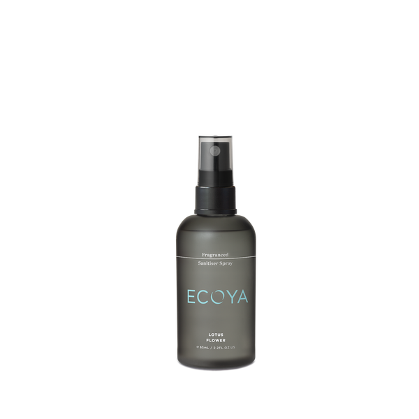 The design of Ecoya Fragranced Sanitiser Spray is showcased against a black background.