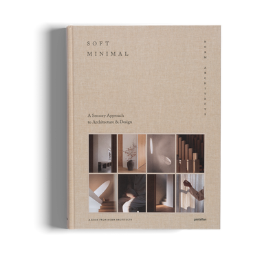 Front cover of Soft Minimal standing at a slight angle, linen look cover with a grid of photographs