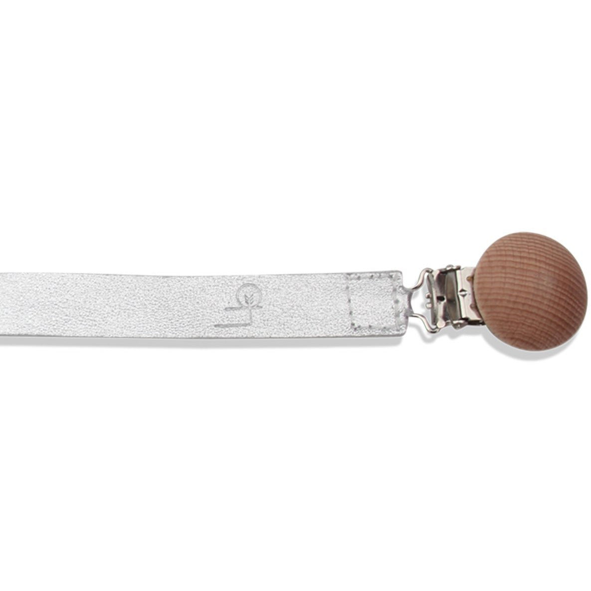 Close view of the silver leather strap and timber clip