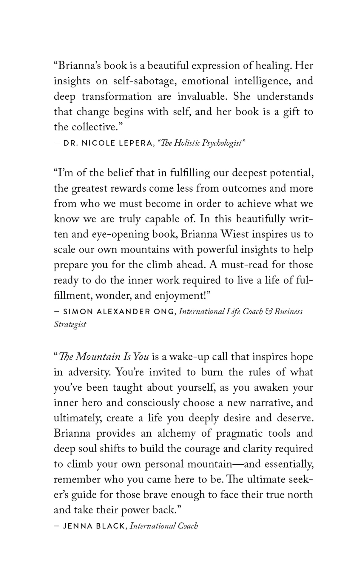 The Mountain Is You page of praise quotes for Brianna Wiest