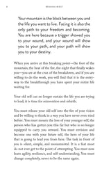 A page from "The Mountain Is You | Brianna Wiest" by Thought Catalog with the words,'your life is black between you and me'.