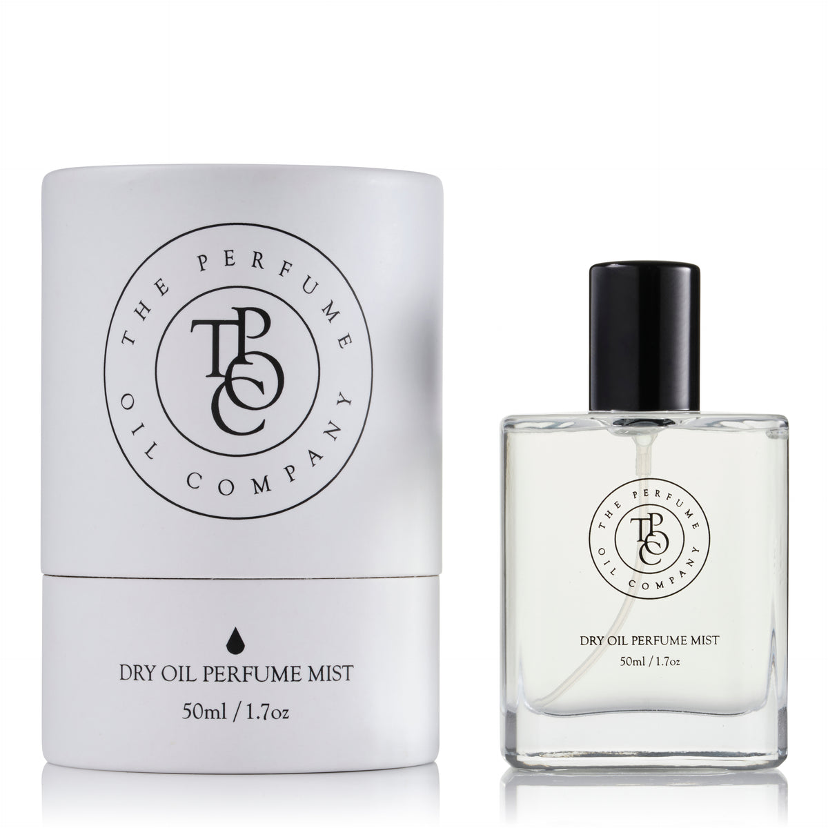 CALYPSO dry oil perfume mist beside its white gift tube, by The Perfume Oil Company