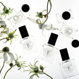 A collection of black and white bottles with flowers on them, perfect for The Perfume Oil Collection Gift Set - Fresh from The Perfume Oil Company.