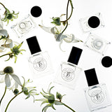 A fragrance collection featuring Woodland perfume bottles adorned with flowers, inspired by Wonderwood (Comme des Garçon), from The Perfume Oil Company.