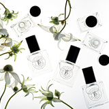 A collection of black and white roll-on bottles with flowers on them, containing SKY perfume oils inspired by Light Blue (Dolce & Gabbana), from The Perfume Oil Company.