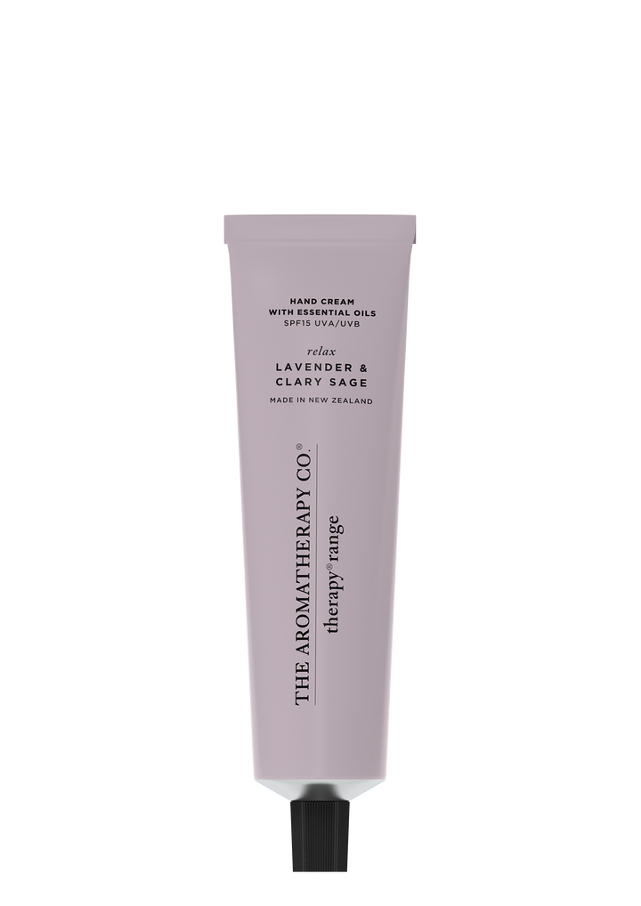 Therapy Lavender & Clary Sage hand cream in a lilac tube on a white background