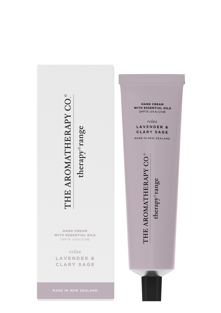 Lavender & Clary Sage hand cream tube beside its white and lilac box on a white background