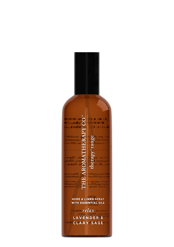 Therapy Relax Lavender & Clary Sage room and linen spray in an amber bottle on a white background