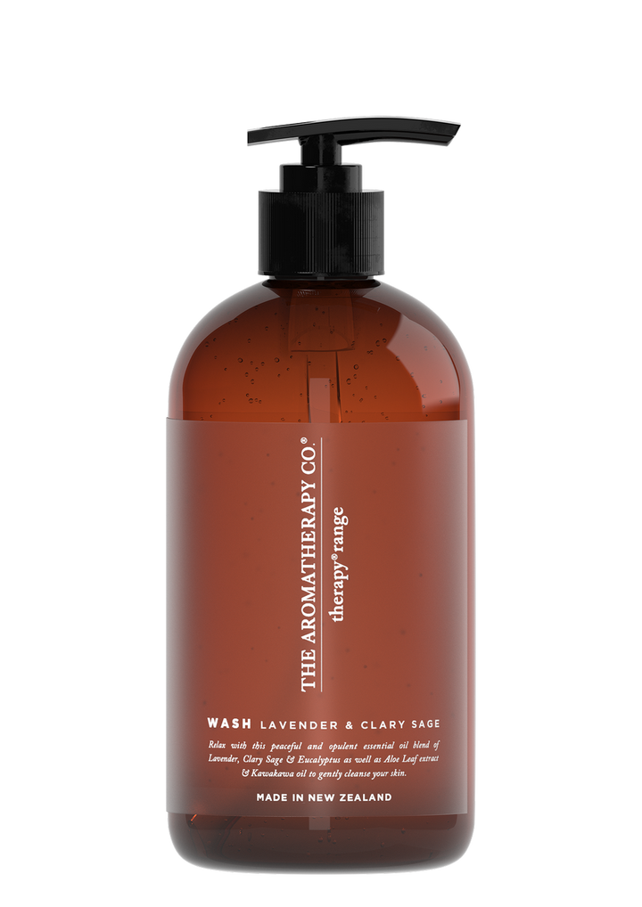 Therapy Relax Lavender & Clary Sage hand and body wash in an amber pump bottle on a white background
