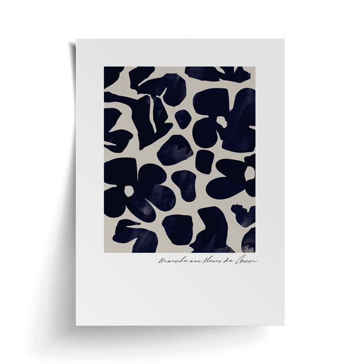 Unframed navy flower market print on matte card with a soft shadow