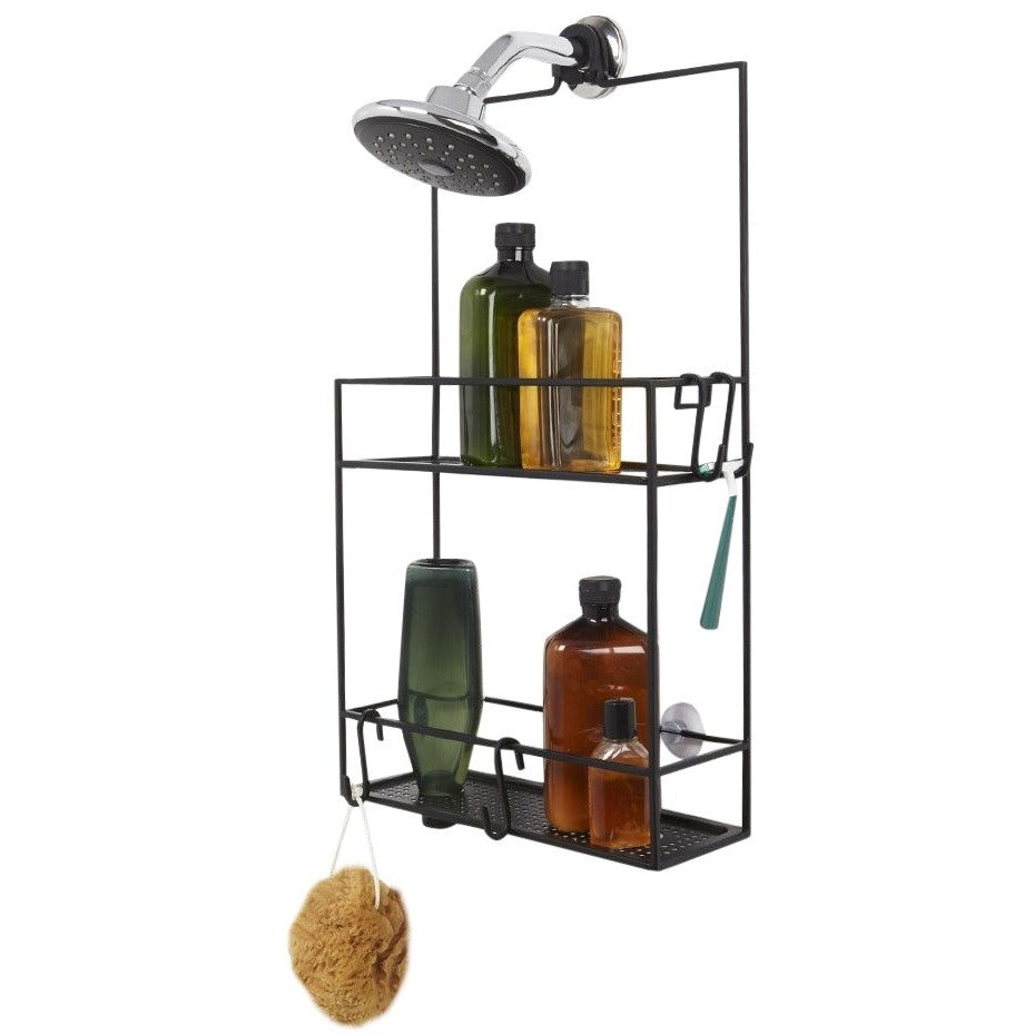 Umbra Cubiko shower caddy mounted over a showerhead