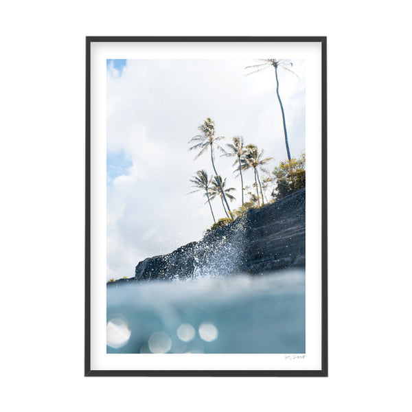 A BEACH SWELL palm tree print in a frame.