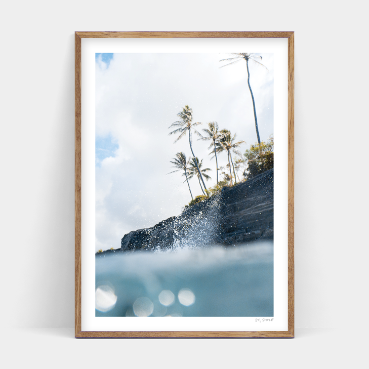 A framed print of BEACH SWELL beach scene with palm trees by Art Prints.