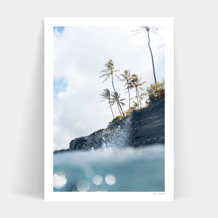 A photo of the BEACH SWELL by Art Prints, a rocky beach with palm trees in the background, perfect for framing or as a stunning print to enhance your decor.