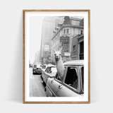 A black and white photo of a New York Taxi llama in a car available for Art Prints.