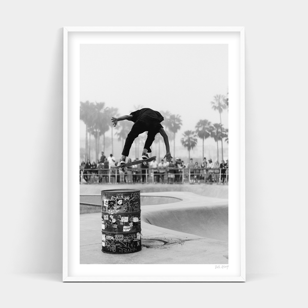 An Art Prints black and white Fliptrick capturing a skateboarder performing tricks with precision and style.