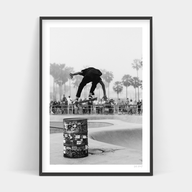 A black and white photo of a Fliptrick skateboarder doing tricks available for Art Prints.