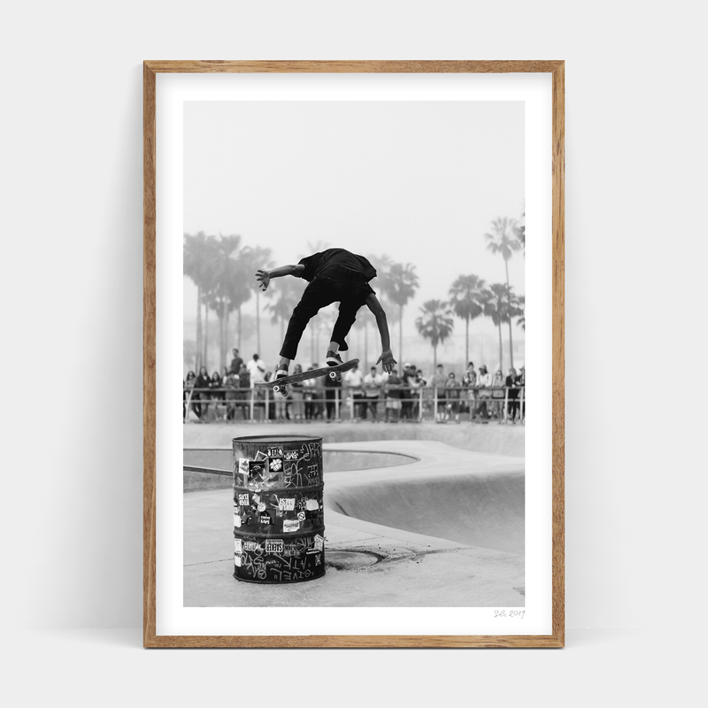 A black and white photo of a Fliptrick skateboarder doing tricks available for delivery from Art Prints.
