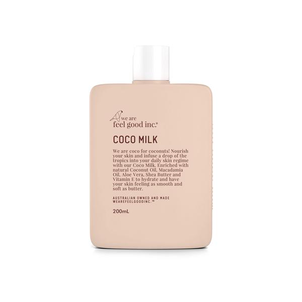 A bottle of Coco Milk Coconut Moisturiser by We Are Feel Good Inc. on a white background, perfect for Coco Milk enthusiasts or those seeking hydrated skin.