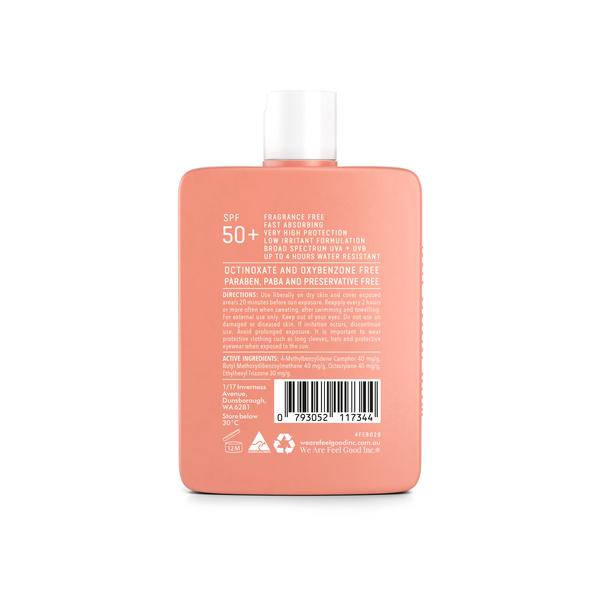A fragrance-free bottle of We Are Feel Good Inc. Sensitive Sunscreen SPF 50+ on a white background.