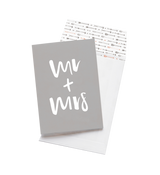 A custom printed grey Mr and Mrs greeting card with the brand name Emma Kate Co on it.