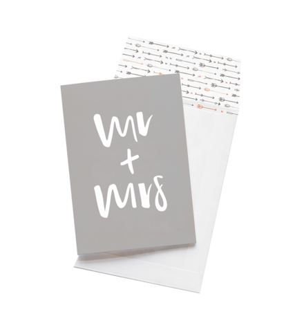 A custom printed grey Mr and Mrs greeting card with the brand name Emma Kate Co on it.