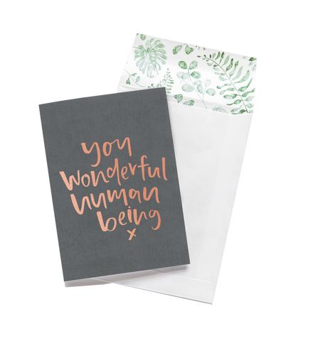An Emma Kate Co greeting card with the words 'you wonderful human being' on it.