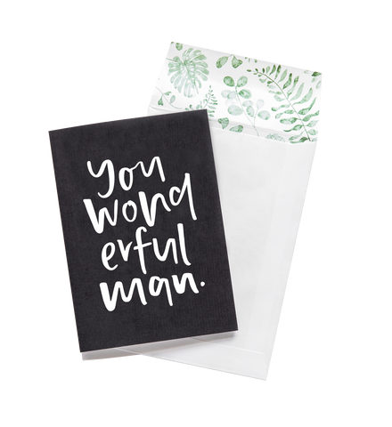 The "You Wonderful Man" greeting card from Emma Kate Co features a beautiful botanical envelope and is printed on high-quality art stock. It would make a wonderful choice for that special man in your life.