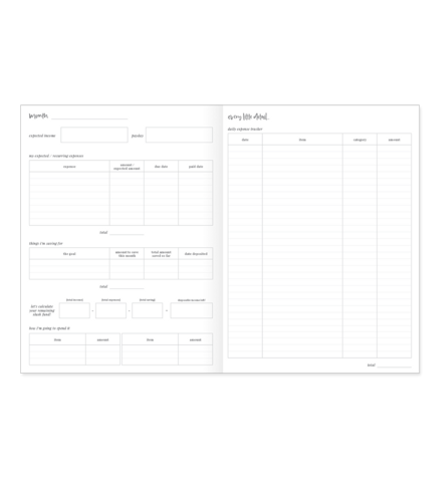 Pocket Passport expense tracker open spread, monthly budget sections