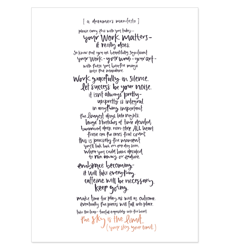An Emma Kate Co black and white art print featuring A DREAMER'S MANIFESTO // ROSE FOILED A3 ART PRINT poem.