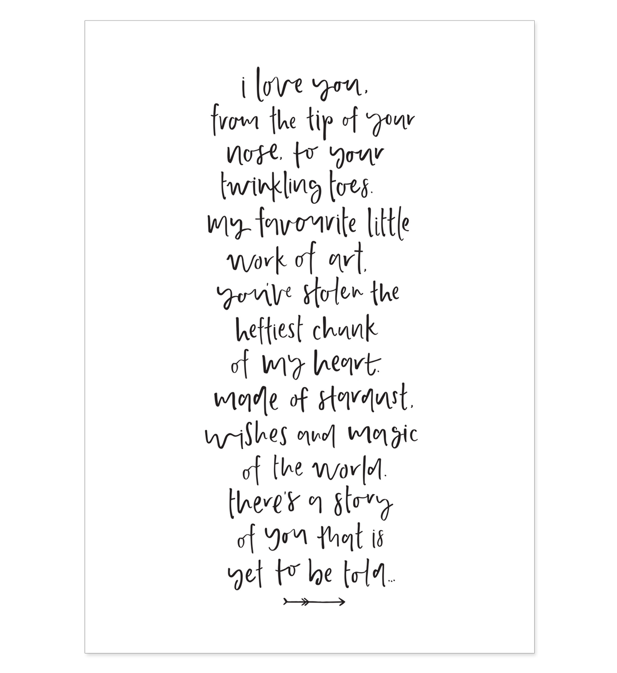 A "There's A Story of You" rose foiled A3 art print by Emma Kate Co, featuring the words "I love you" in black and white.