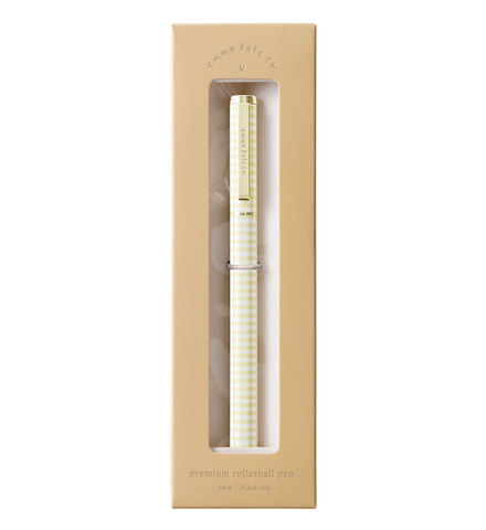 A refillable Metal Rollerball Pen with gold metal hardware in a wooden box, Butter Gingham by Emma Kate Co.