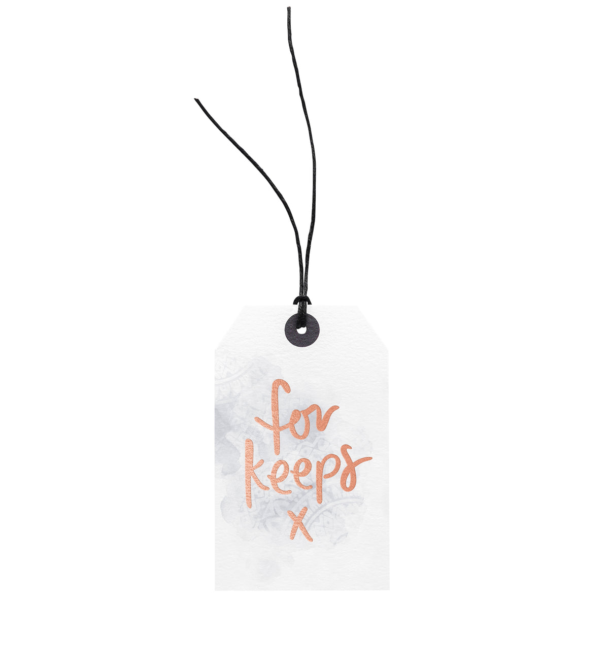 A For Keeps gift tag attached with European hemp twine, made by Emma Kate Co.