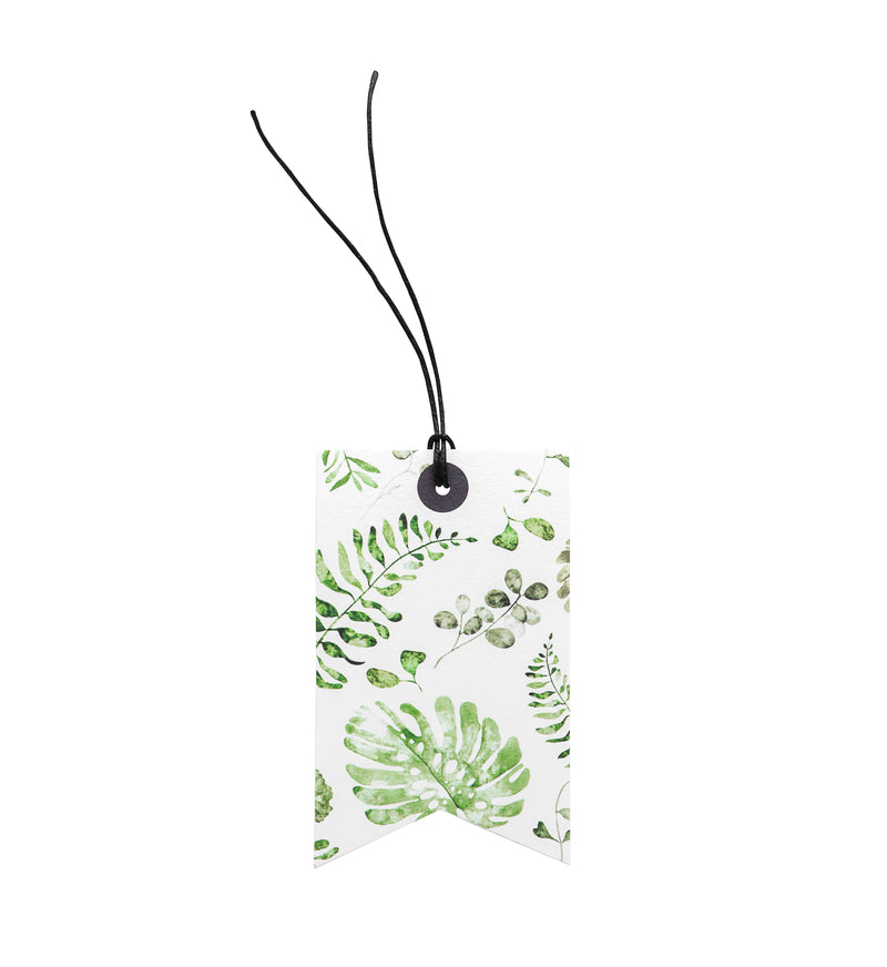 A green and white Garden Dweller print luggage tag with a black cord, perfect for gifting or adding a touch of nature-themed style to your travel essentials.