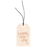 An environmentally responsible Emma Kate Co gift tag with the words Happily Ever After on it, made with European hemp twine.