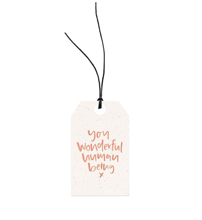 An environmentally responsible You Wonderful Human Being - Gift Tag, adorned with the words "your wonderful wonderful baby," crafted using European hemp twine, by Emma Kate Co.