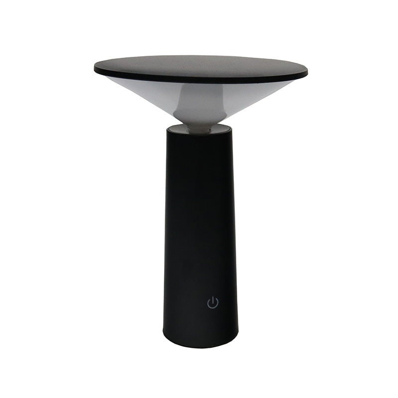 LED Tilt touch lamp in black with its tilted disc shade, on a plain background