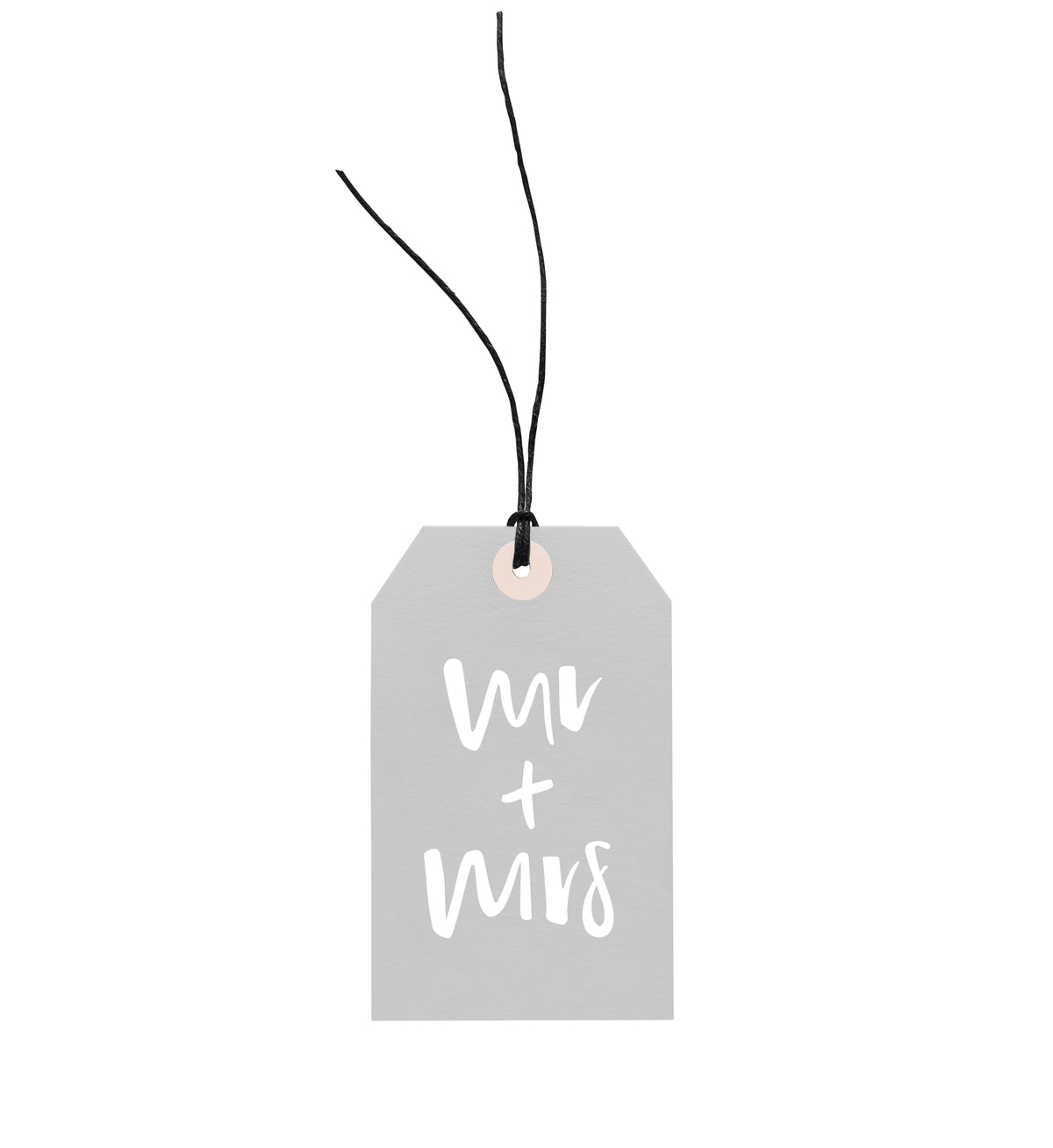 Grey gift tag with Mr + Mrs in white script, on white