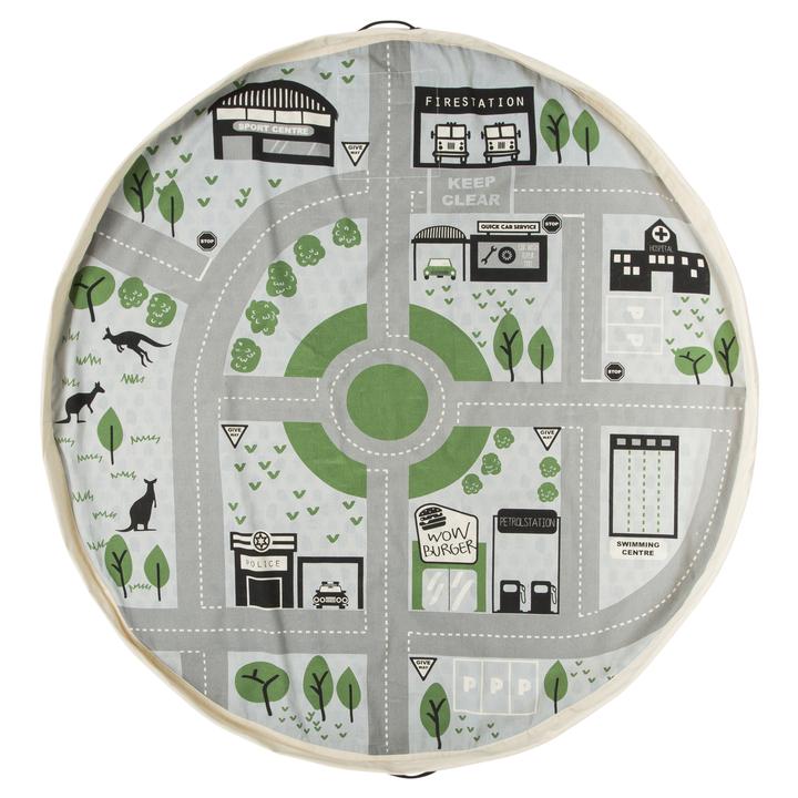 A "Wow Town Track Interactive" play mat with a city map, perfect for imaginative play by Play Pouch.