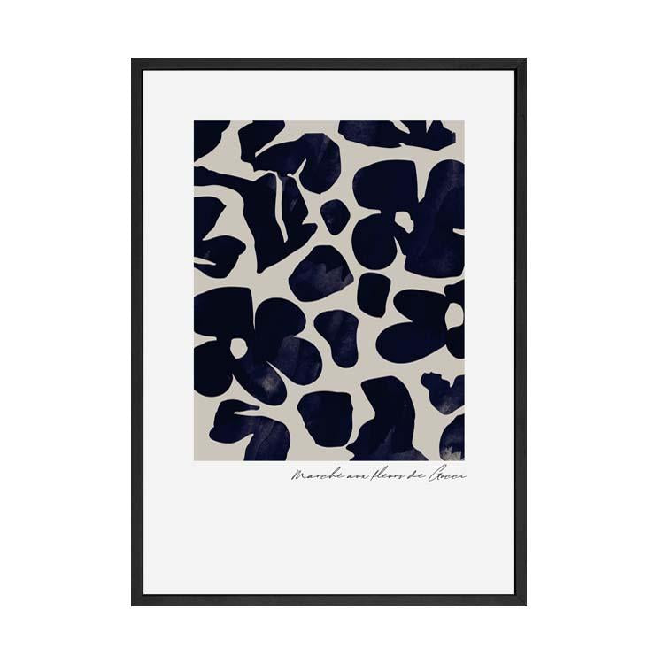 Navy flower market print in a black frame on a white background