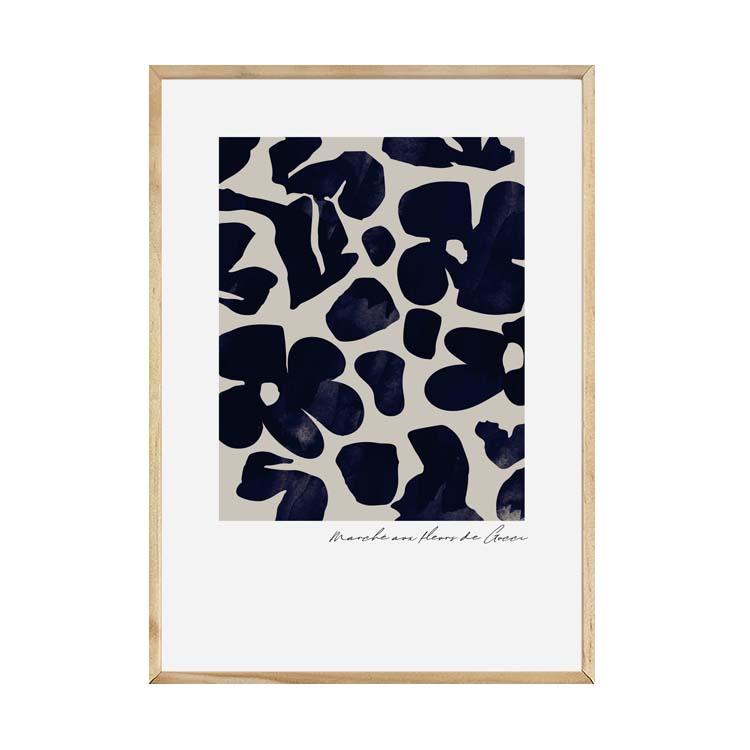Navy flower market print in a natural timber frame on a white background