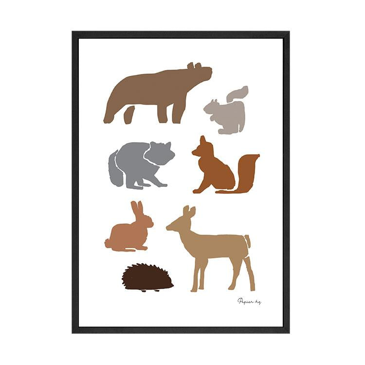 Animal Woodland print in a black frame, A1 mockup