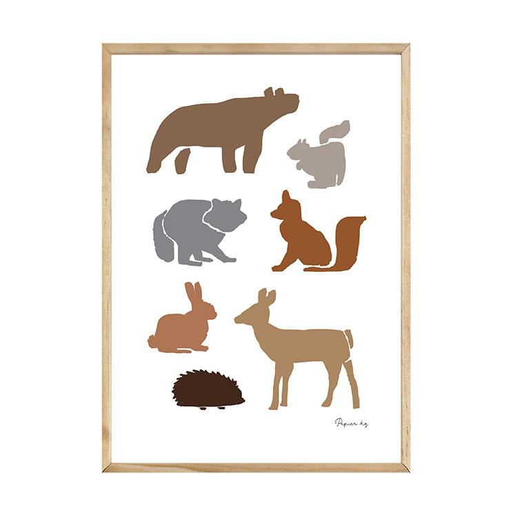 Animal Woodland print in a natural timber frame, A1 mockup