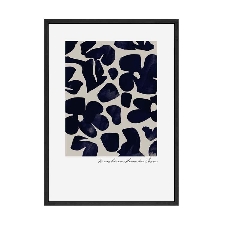 Navy and cream floral print in a black frame