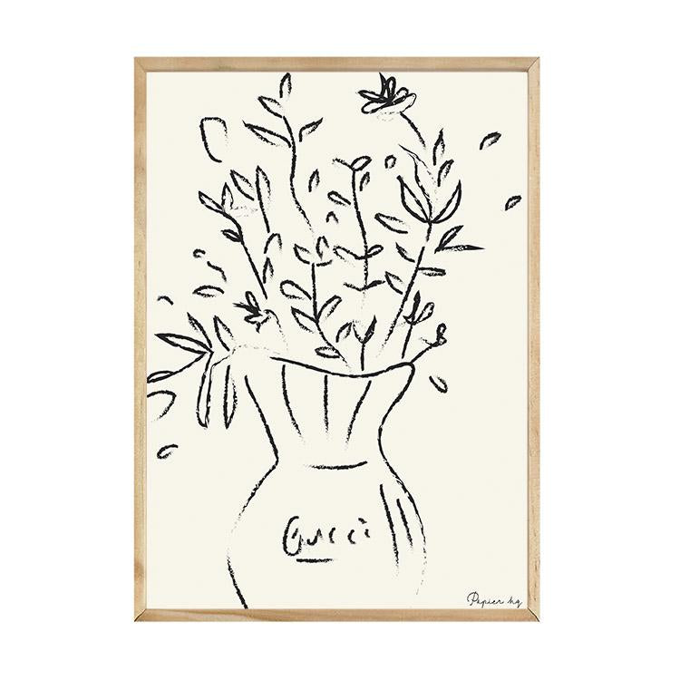 Flower sketch print in a natural timber frame on white