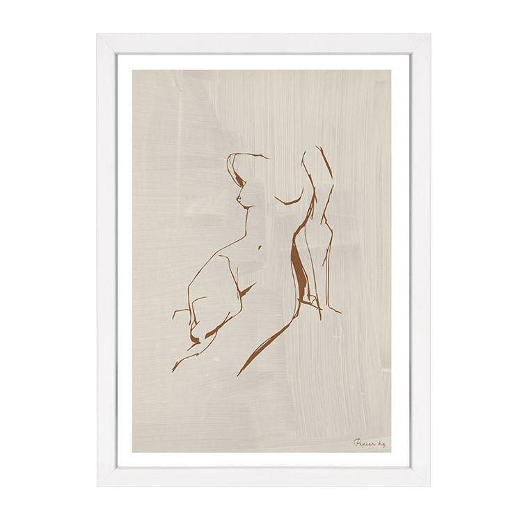 Figure print, a brown line drawing of two figures on textured cream, in a white frame on white