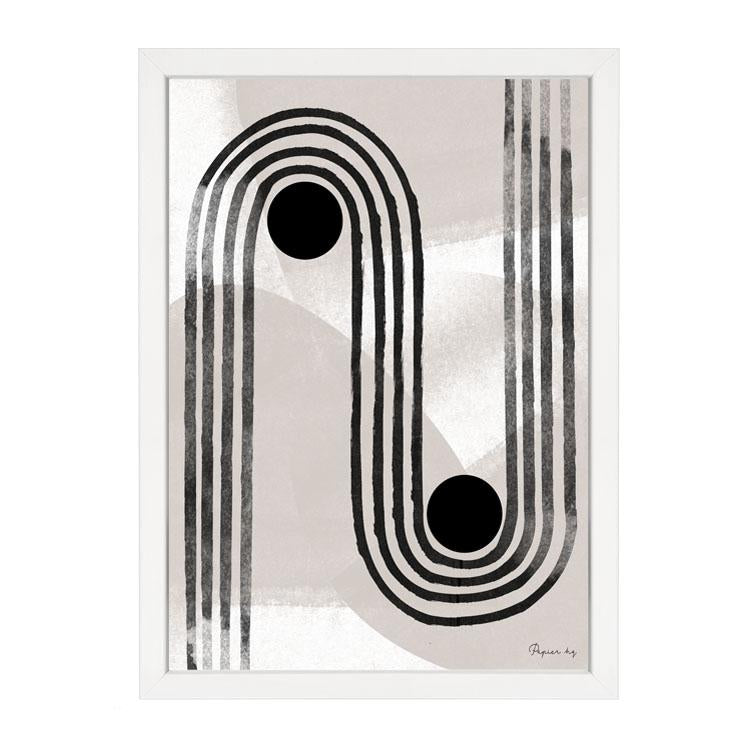 Curve Line No. 2 print, black curving stripes with two black dots on soft grey, in a white frame on white